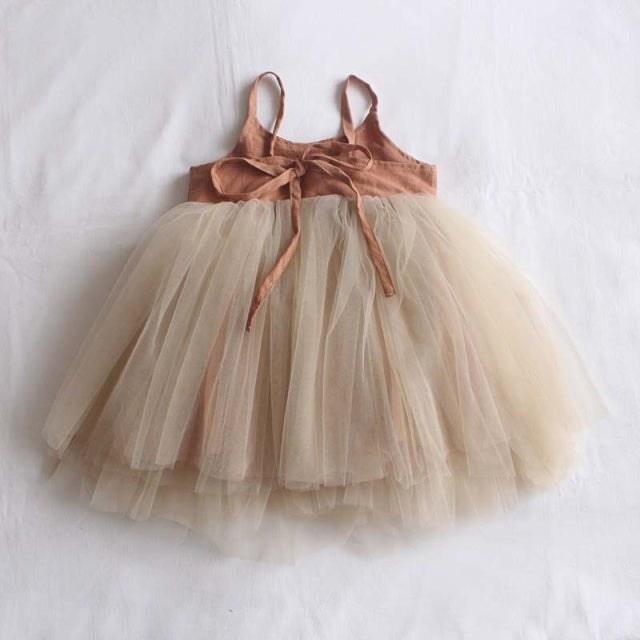 Vestido de Linho e Tule Infantil Azhul Marrom Claro 3 anos 